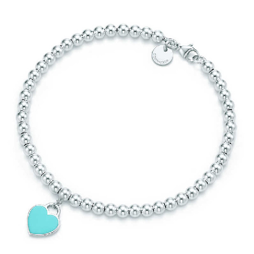 Tiffany & Co./蒂芙尼 女式纯银蓝色心形小珠Bead珐琅手链 7英寸 TGRP03577