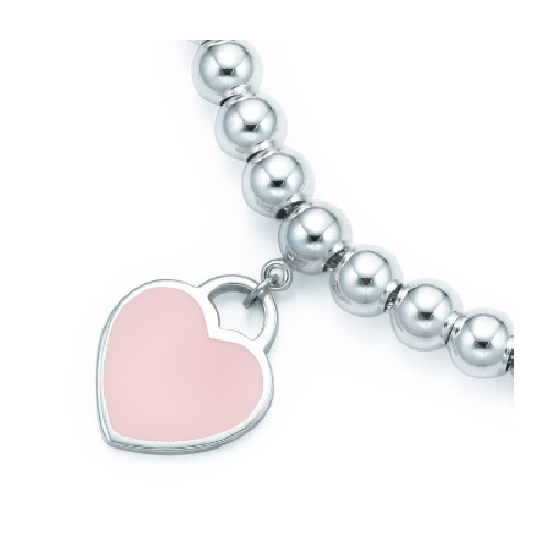 Tiffany & Co./蒂芙尼 女式纯银粉色心形小珠Bead珐琅手链 6.5英寸 TGRP03577