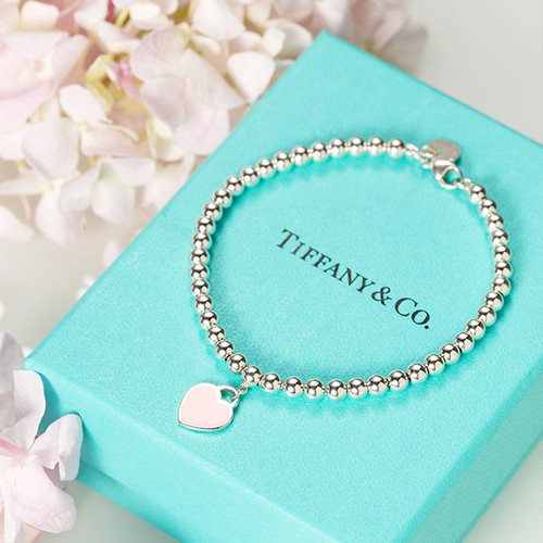 Tiffany & Co./蒂芙尼 女式纯银粉心形小珠Bead珐琅手链 7英寸 TGRP03577