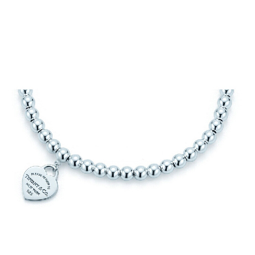 Tiffany & Co./蒂芙尼 女式纯银银色心形小珠Bead珐琅手链 6.5英寸 TGRP02587