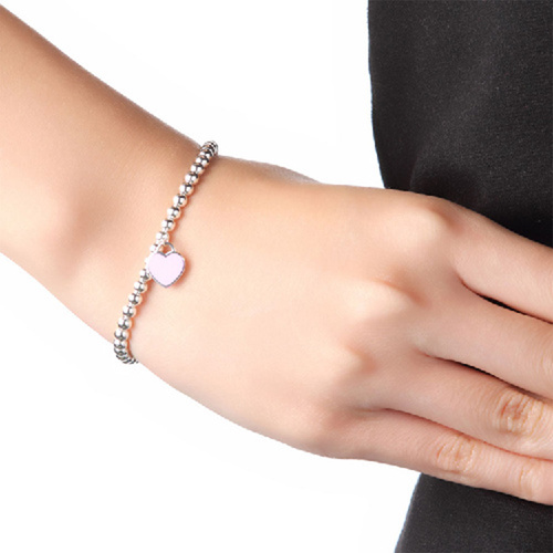 Tiffany & Co./蒂芙尼 女式纯银粉色心形小珠Bead珐琅手链 7.5英寸 TGRP03577
