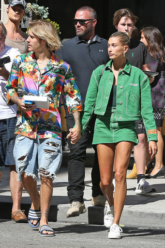 Hailey Baldwin in heron preston jacket and skirt